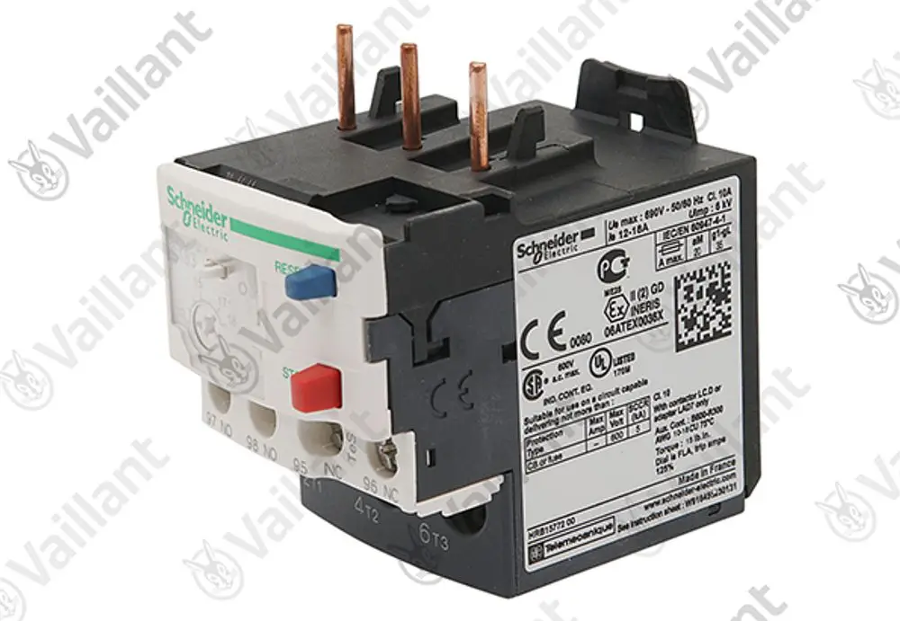 Vaillant Relais für Überstromschutz in einer elektrischen Schaltung, mit klaren Anschlussklemmen und Bedienknöpfen auf der Vorderseite.